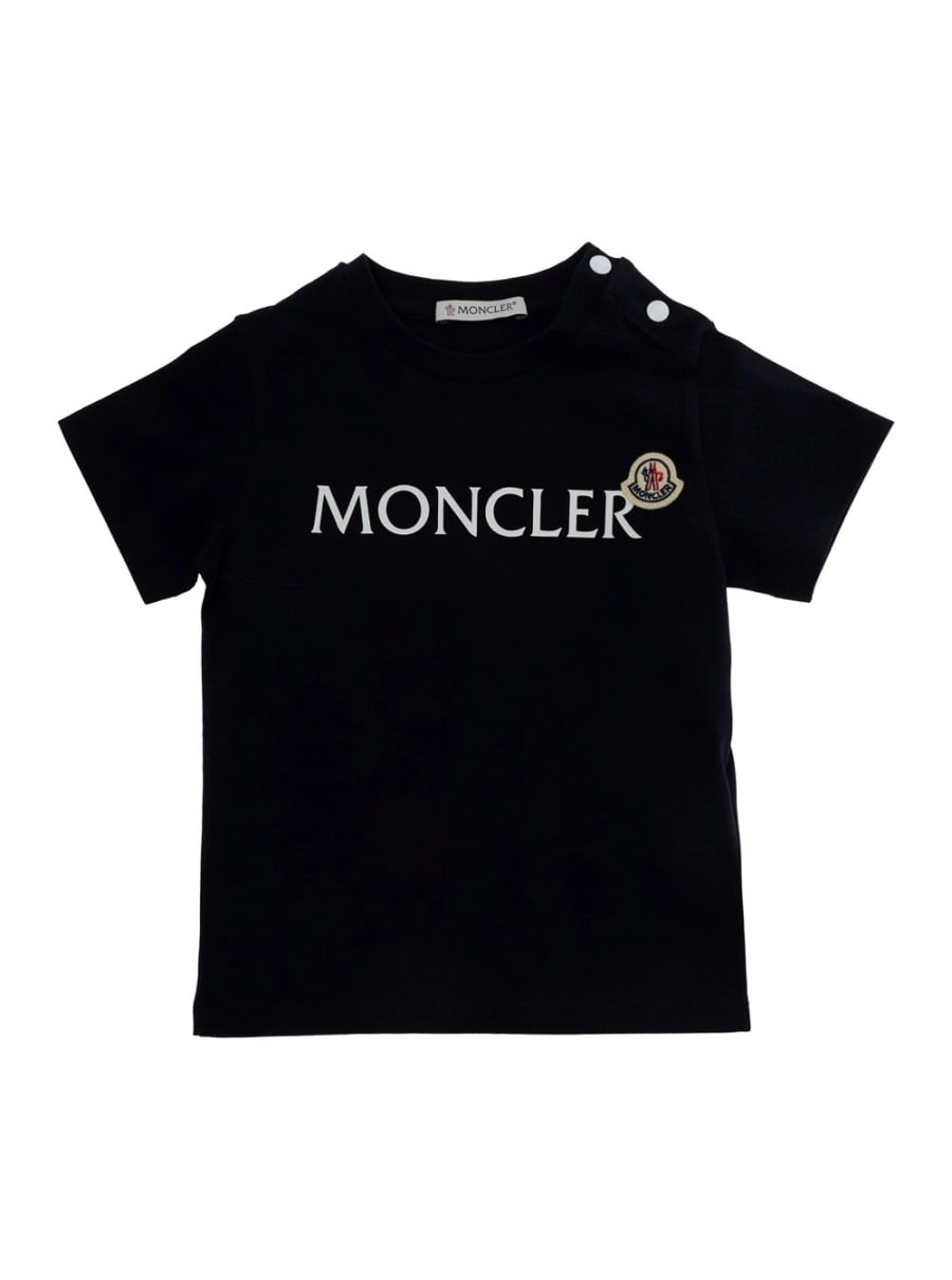 Moncler kids T-Shirt Girocollo con Stampa Logo Lettering sul Fronte e Patch Logo sul Fronte in Cotone Stretch Blu Baby