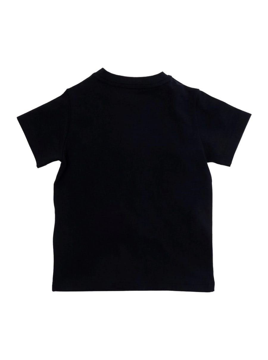 Moncler kids T-Shirt Girocollo con Stampa Logo Lettering sul Fronte e Patch Logo sul Fronte in Cotone Stretch Blu Baby, view 2