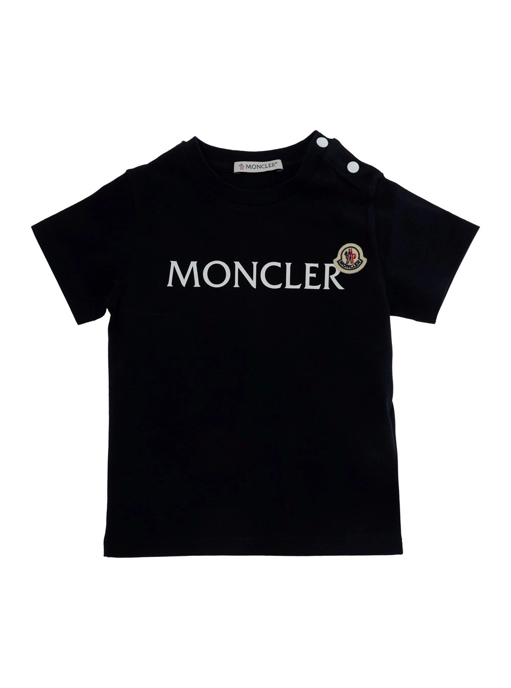 Moncler kids T-Shirt Girocollo con Stampa Logo Lettering sul Fronte e Patch Logo sul Fronte in Cotone Stretch Blu Baby