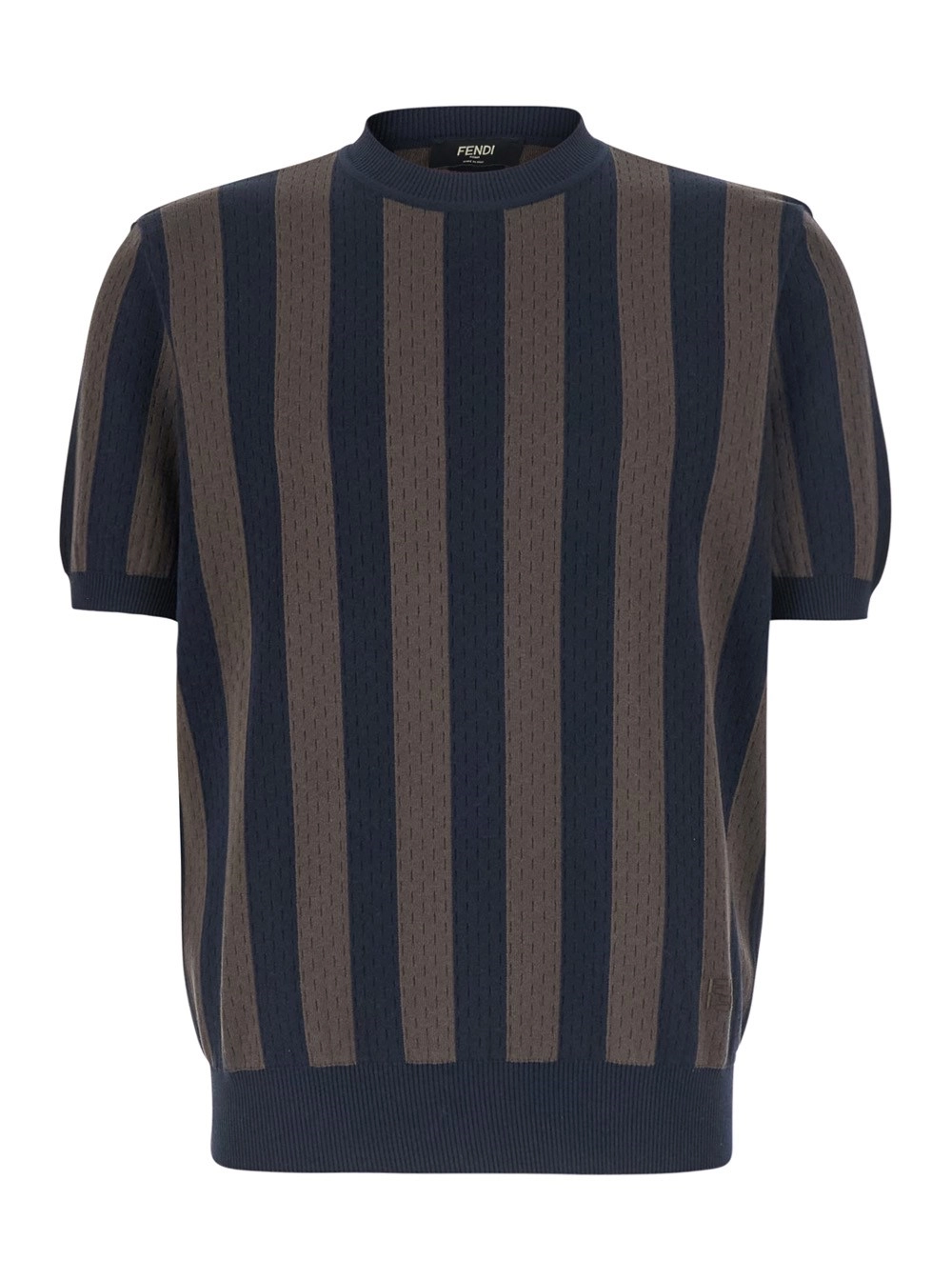 Fendi T-shirt Girocollo con Motivo a Righe All-Over in Cotone e Seta Blu Uomo
