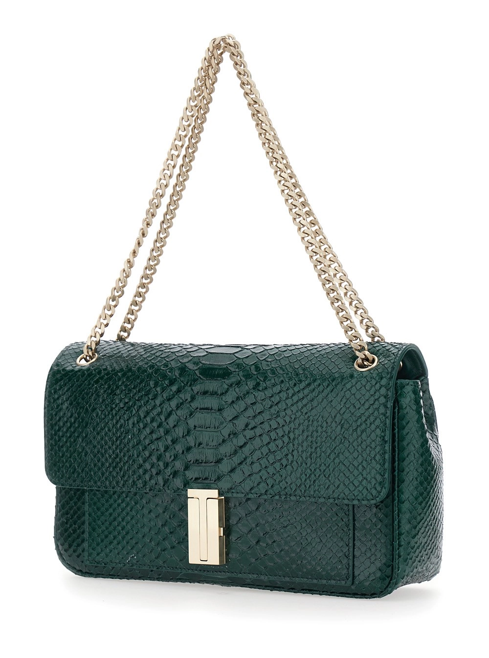 Tom Ford Borsa a tracolla con chiusura a T in pelle lucida effetto serpente verde donna, view 2