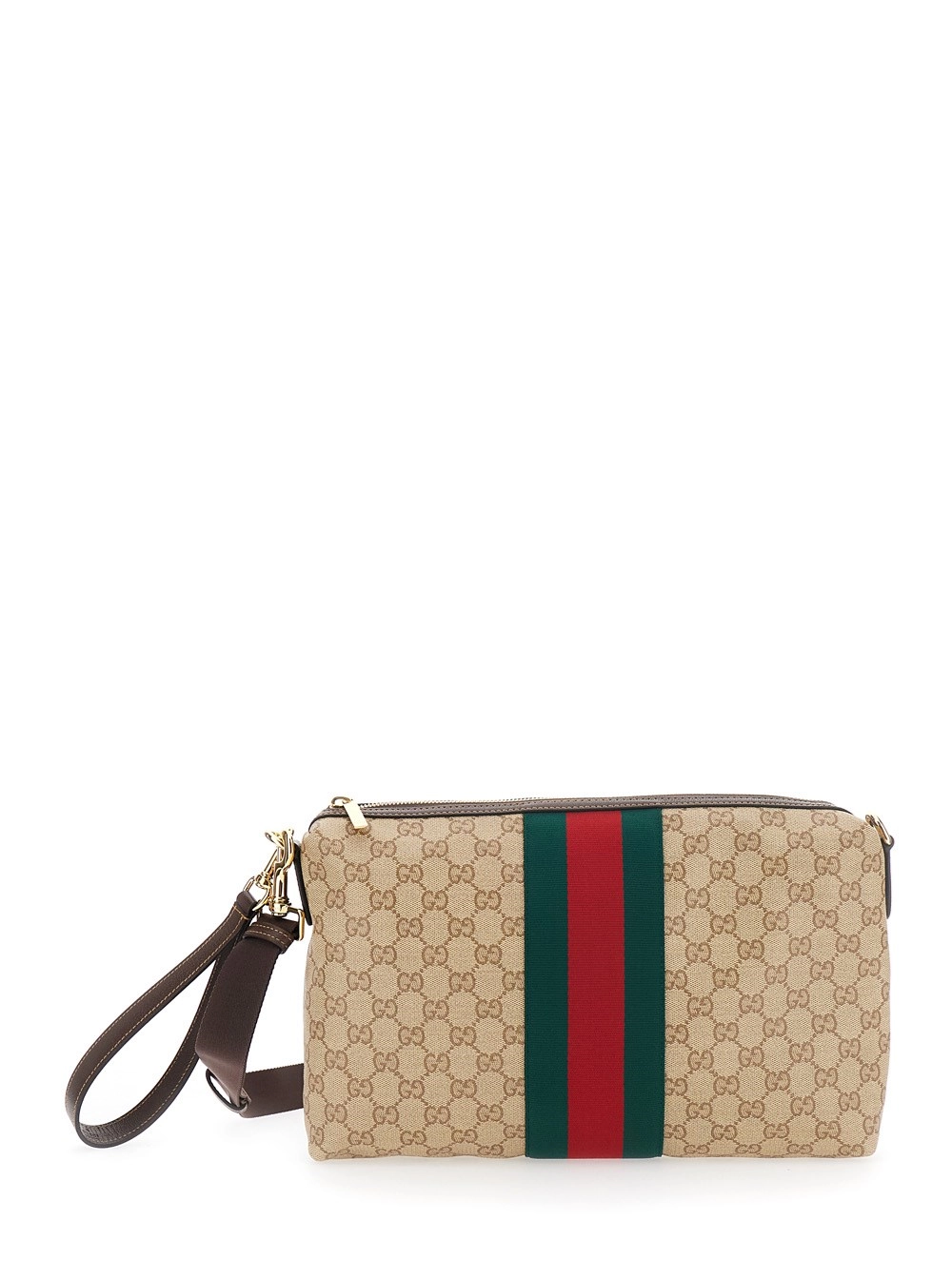 Gucci Borsa a tracolla con motivo GG all-over e dettaglio Web in tessuto e pelle beige uomo