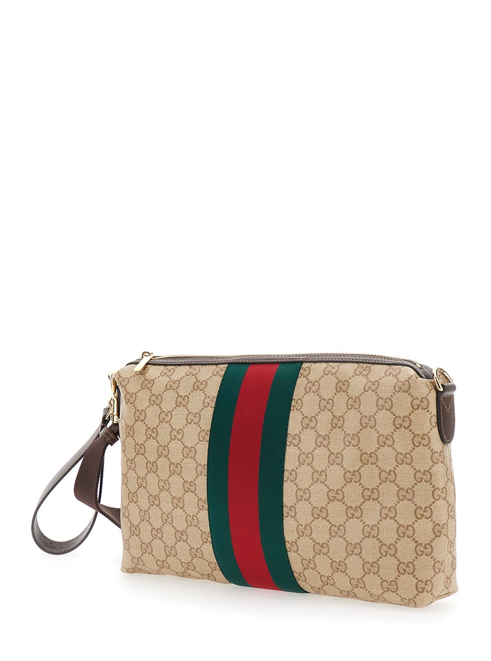 Gucci Borsa a tracolla con motivo GG all-over e dettaglio Web in tessuto e pelle beige uomo, view 2