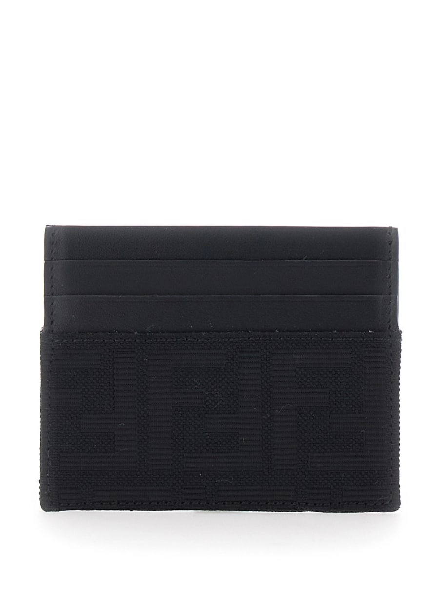 Fendi Portacarte con motivo FF in pelle e tessuto nero uomo, view 3