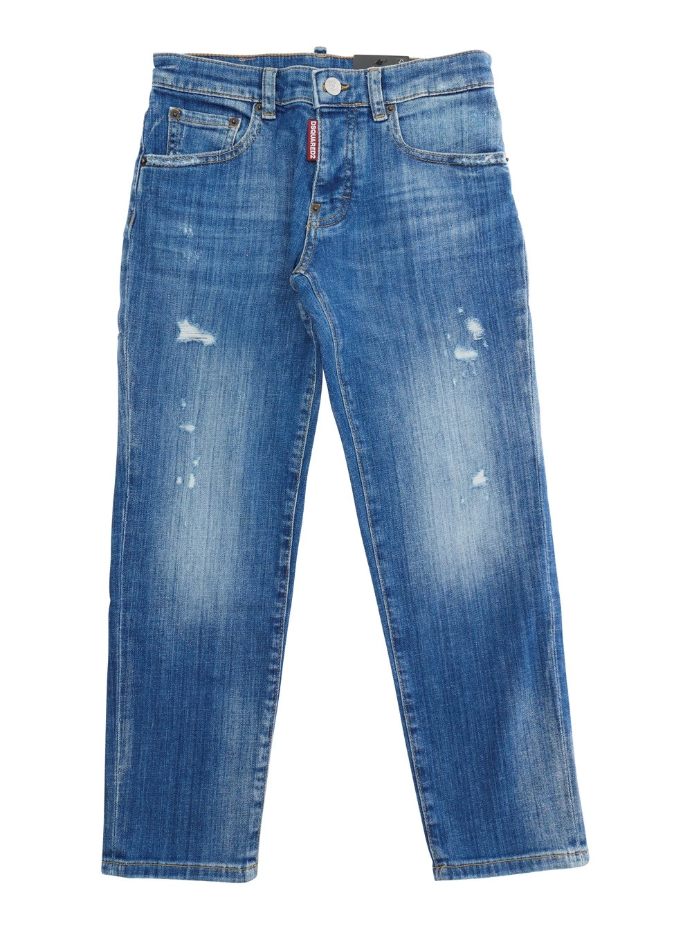 Dsquared2 kids Jeans 'Stanislav' con Patch Logo sul Retro e Dettagli Strappati sul Fronte in Denim Blu Bambino
