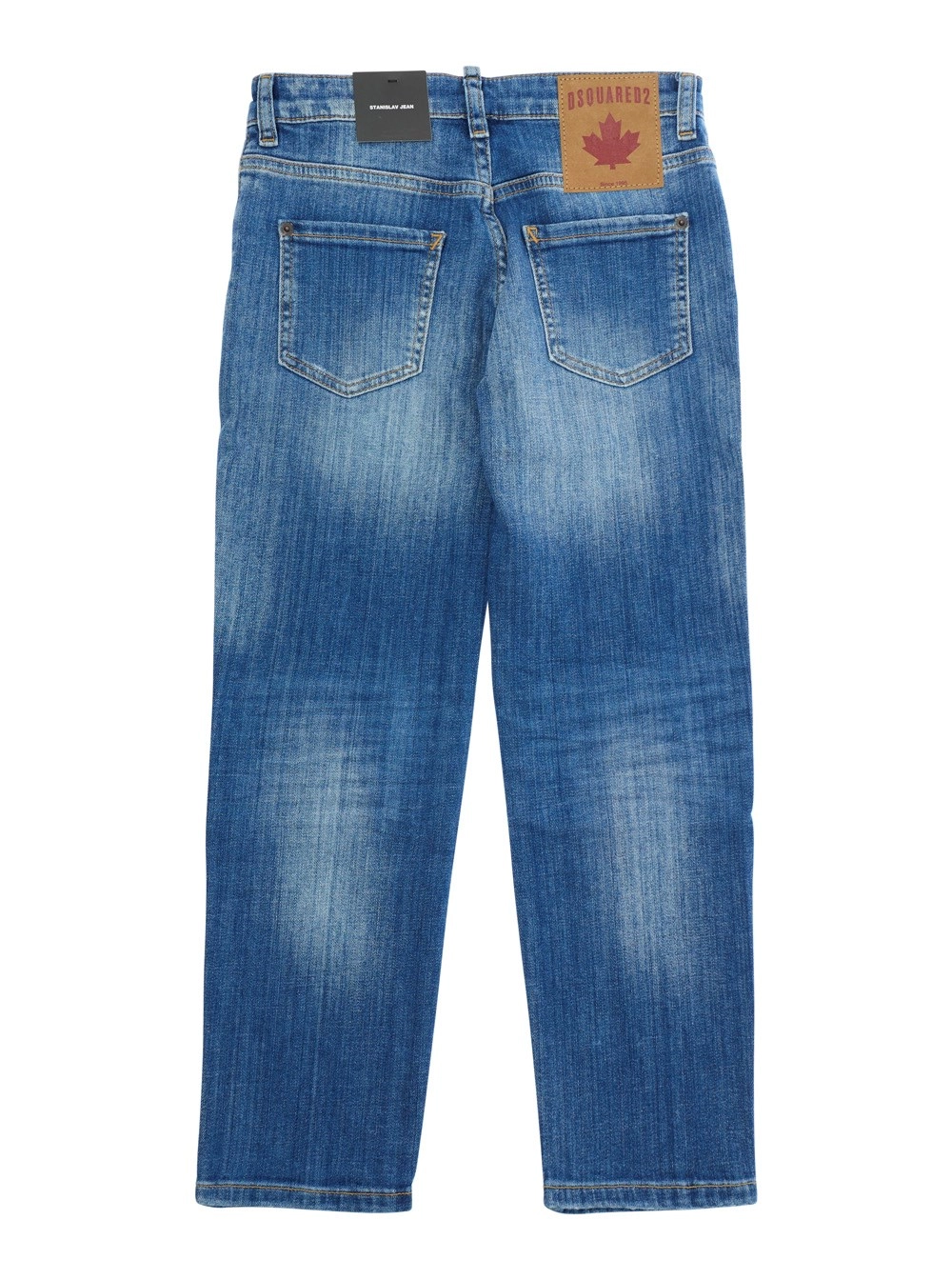 Dsquared2 kids Jeans 'Stanislav' con Patch Logo sul Retro e Dettagli Strappati sul Fronte in Denim Blu Bambino, view 2