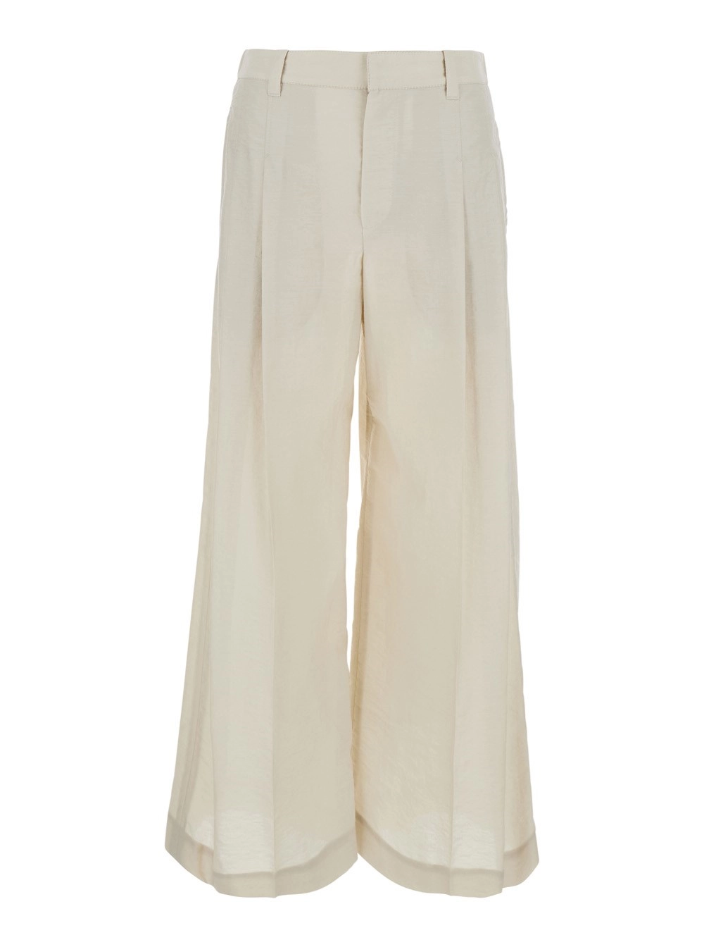 Brunello Cucinelli Pantaloni con Gamba Ampia e Dettaglio Monile sul Retro in Misto Cotone Beige Donna