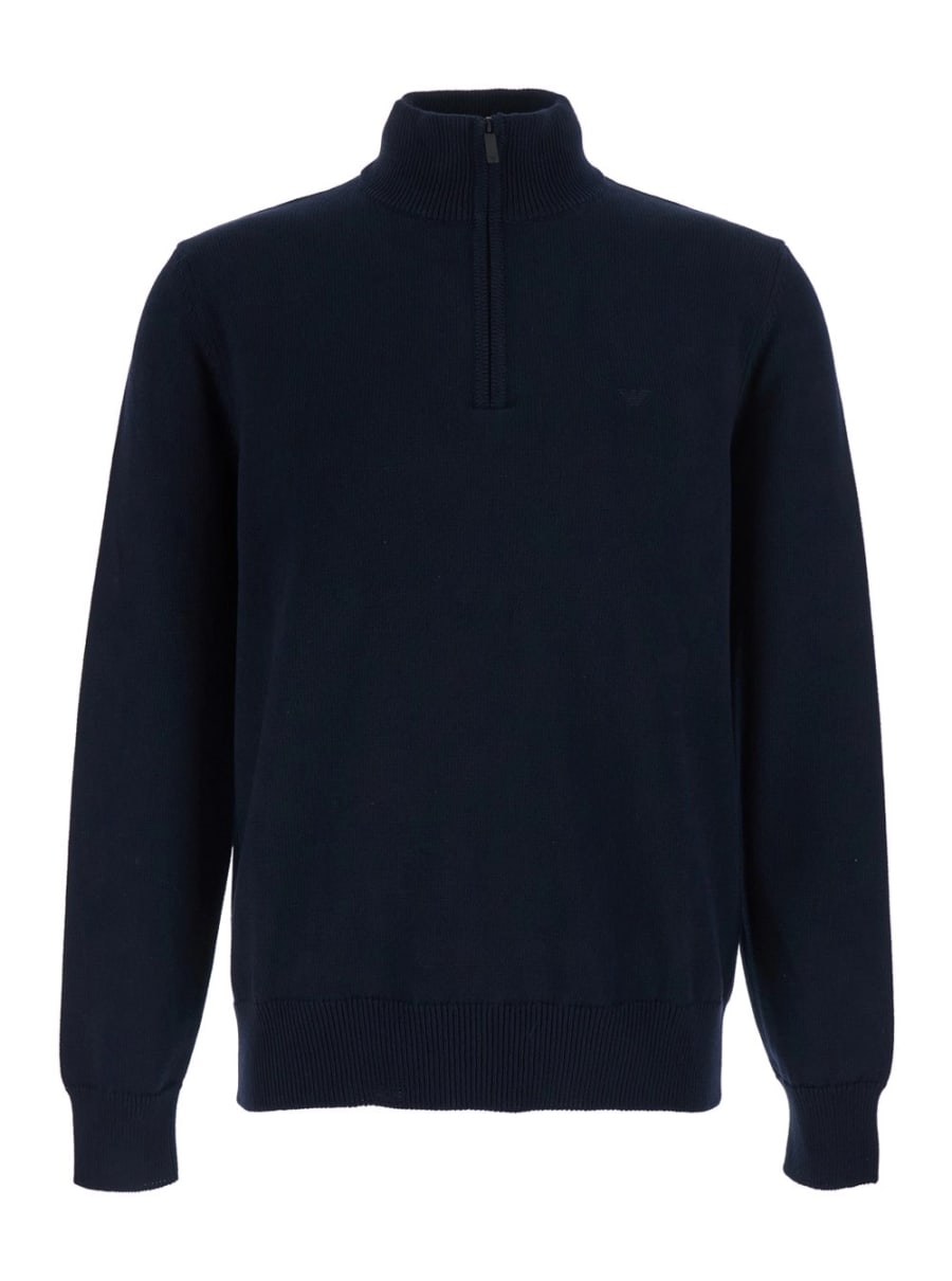 Emporio Armani Maglia con chiusura con mezza zip sul fronte e ricamo logo sul fronte in cotone blu uomo