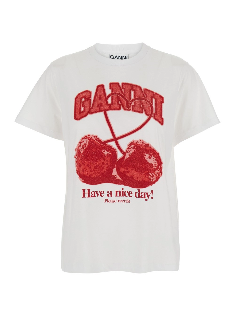 Ganni T-shirt girocollo con maxi stampa logo lettering e ciliegie sul fronte in cotone bianca donna