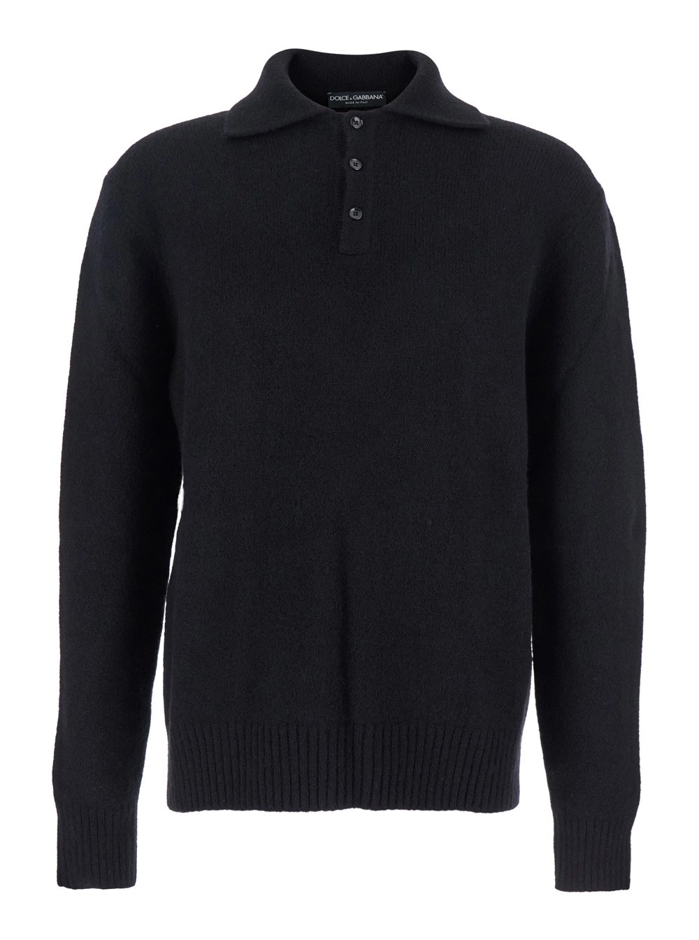 Dolce & Gabbana Maglione con Colletto Stile Polo e Patch Logo sul Retro in Lana Nero Uomo