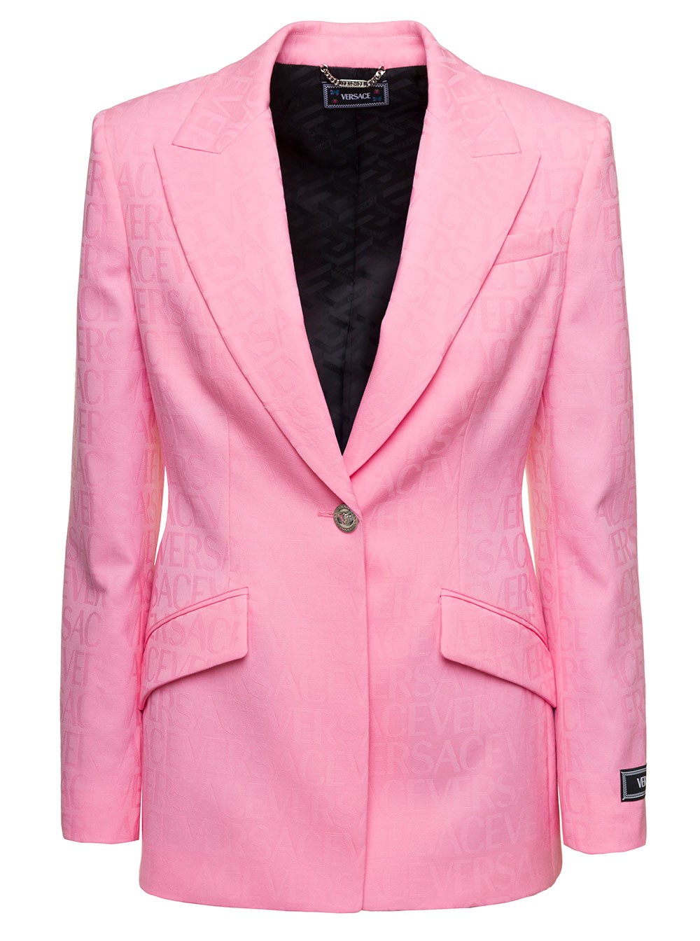 Versace Giacca Monopetto con Stampa Logo Lettering Tono su Tono in Lana Rosa Donna