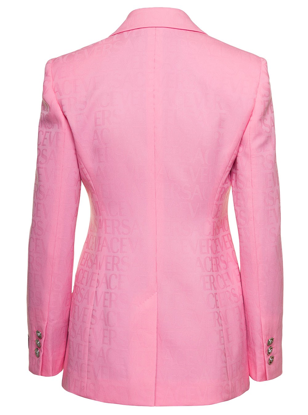 Versace Giacca Monopetto con Stampa Logo Lettering Tono su Tono in Lana Rosa Donna, view 2