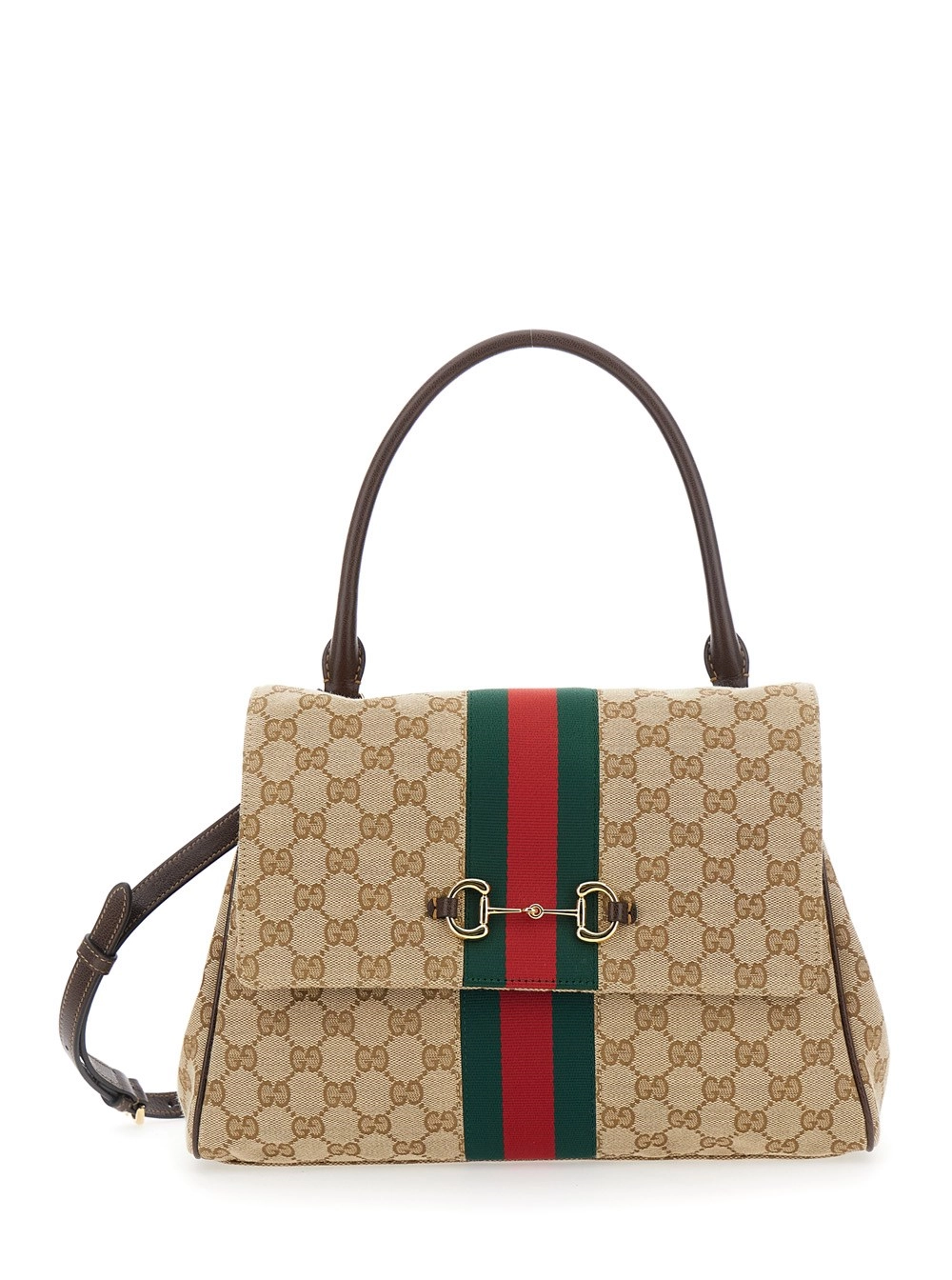 Gucci Borsa a Mano con Dettaglio Web e Placca Morsetto sul Fronte in Tessuto GG Beige Donna