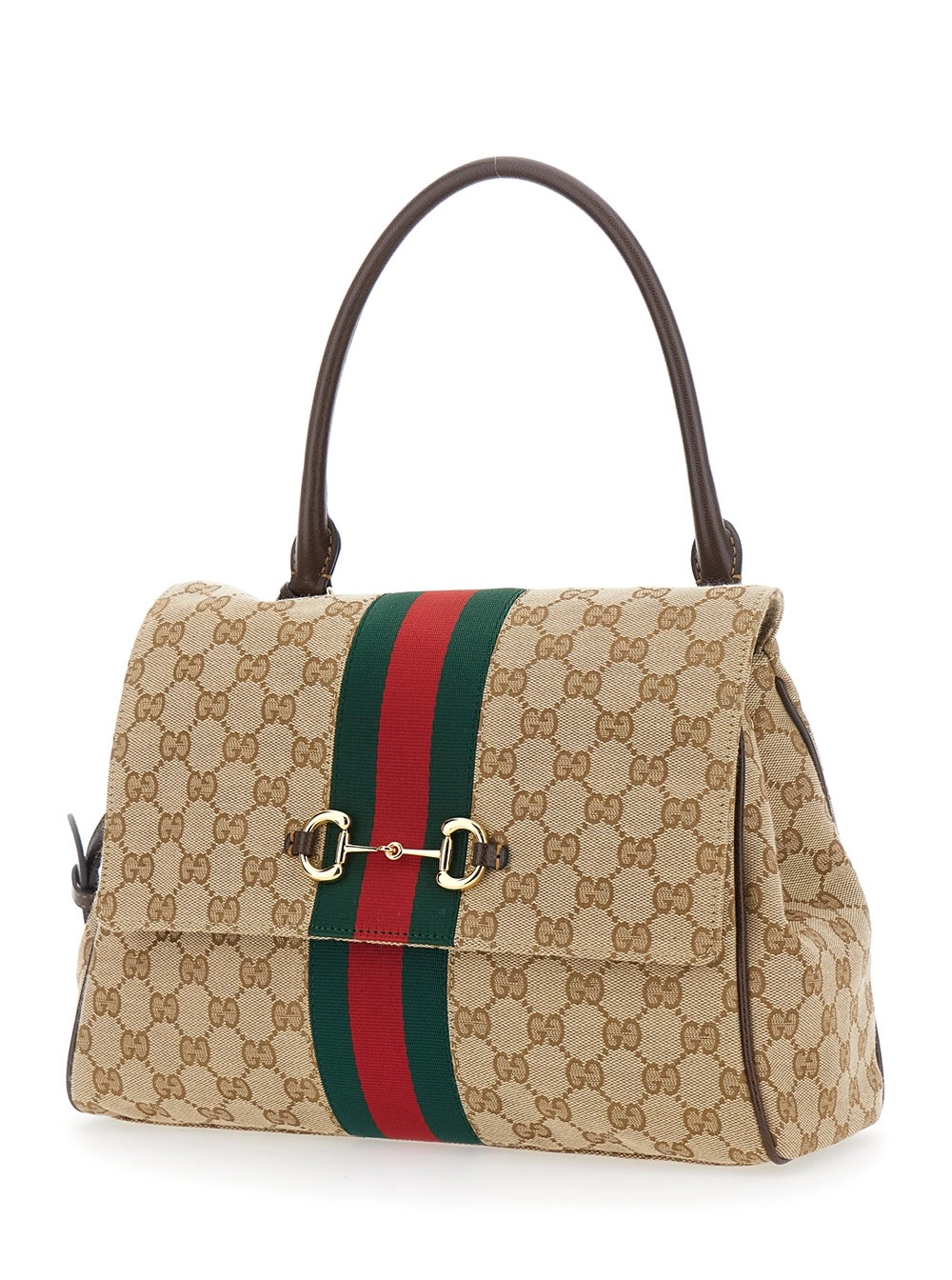 Gucci Borsa a Mano con Dettaglio Web e Placca Morsetto sul Fronte in Tessuto GG Beige Donna, view 2