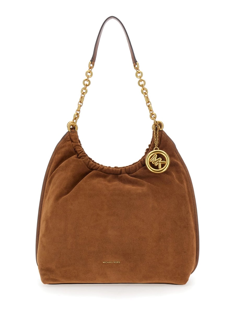 Michael michael kors Borsa a spalla 'Indie Grande' con tracolla con catena e placca logo sul fronte in pelle scamosciata marrone donna