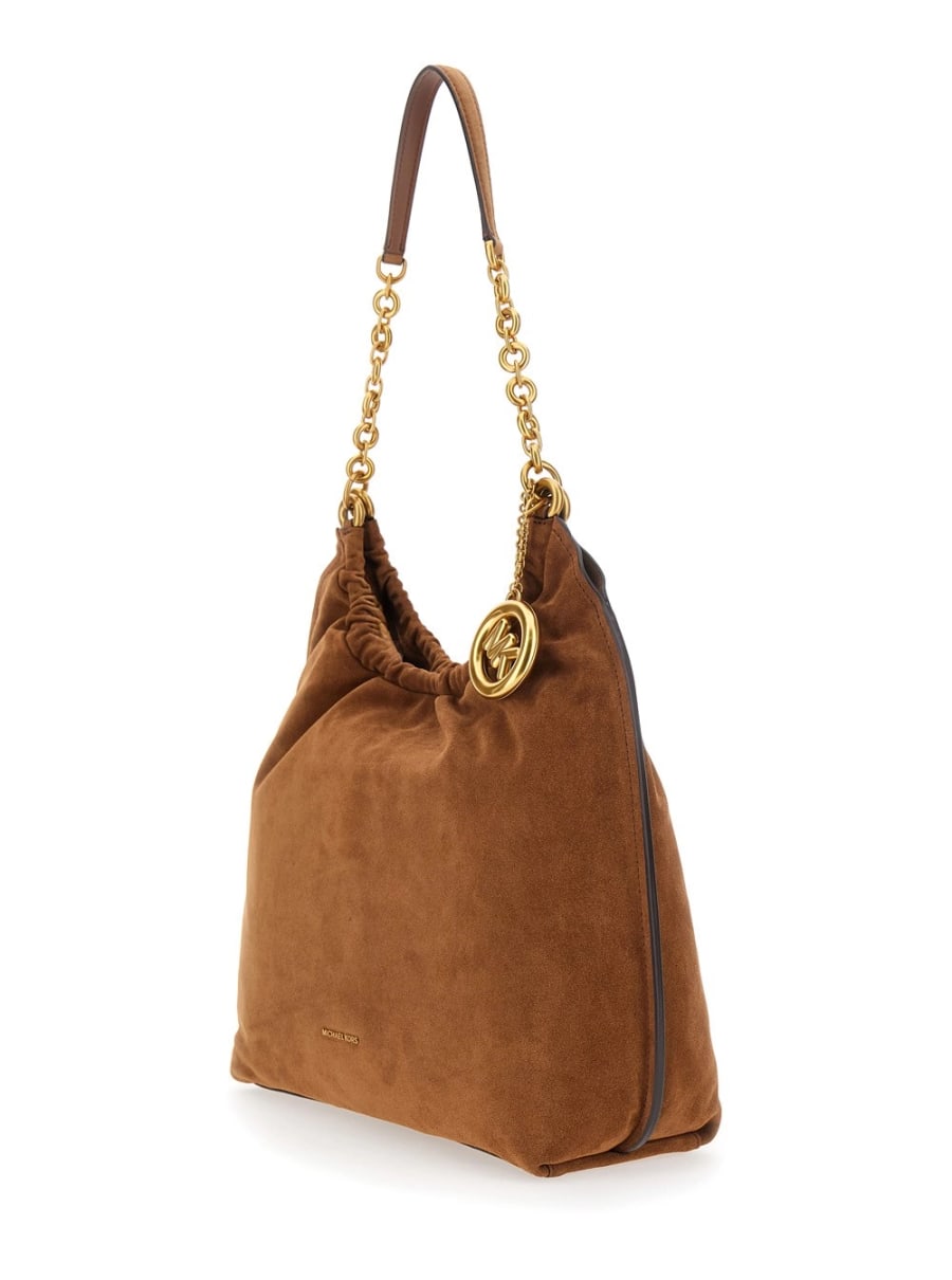 Michael michael kors Borsa a spalla 'Indie Grande' con tracolla con catena e placca logo sul fronte in pelle scamosciata marrone donna, view 2