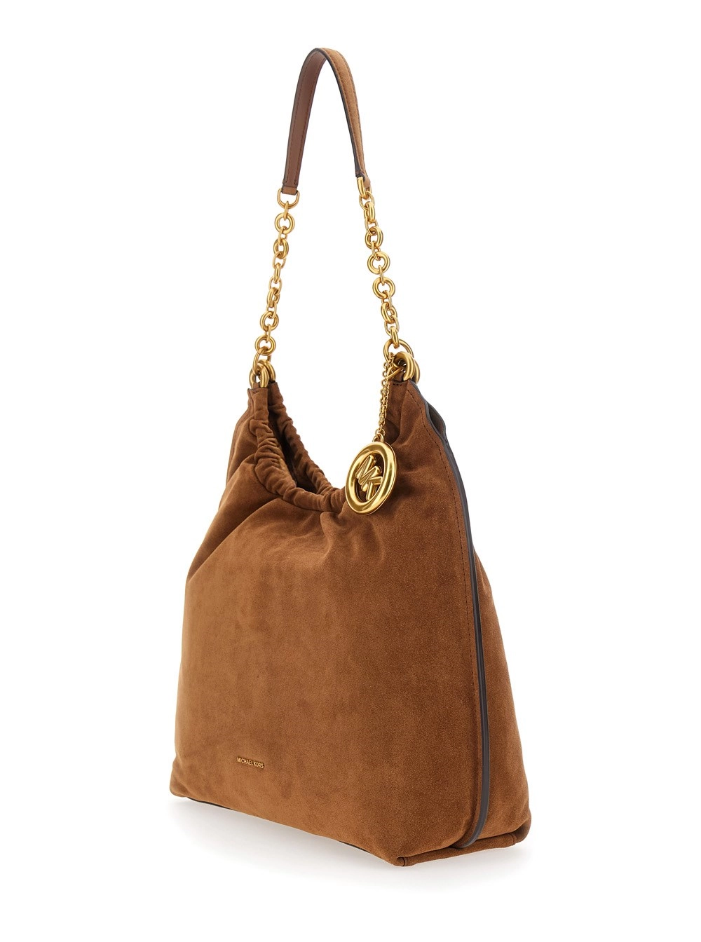 Michael michael kors Borsa a spalla 'Indie Grande' con tracolla con catena e placca logo sul fronte in pelle scamosciata marrone donna, view 2