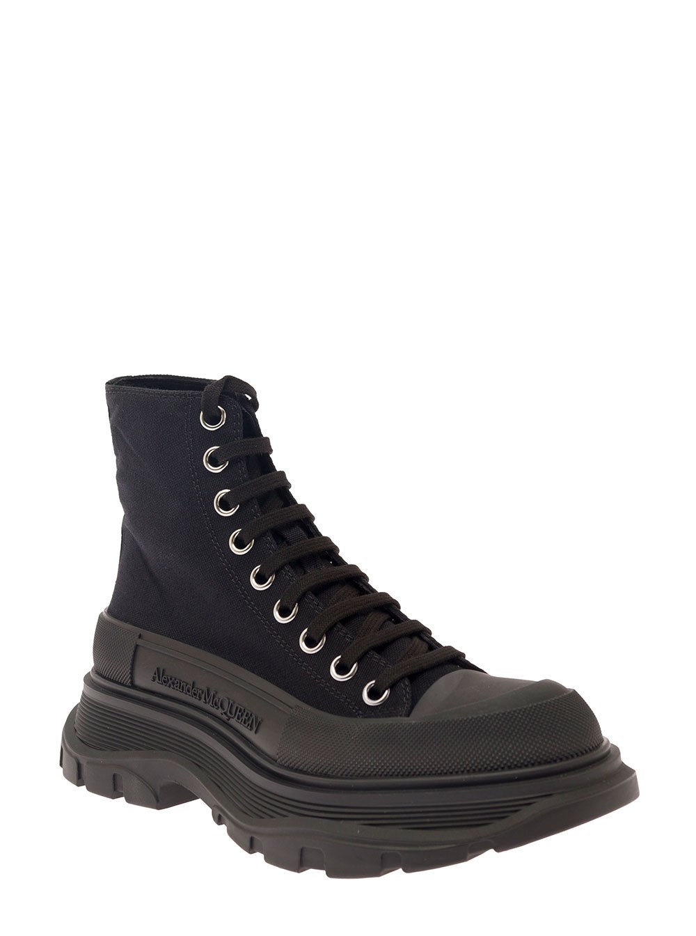 Alexander McQueen Sneaker 'Tread Slick' High Top con Suola Oversize in Cotone Nero Donna, view 2