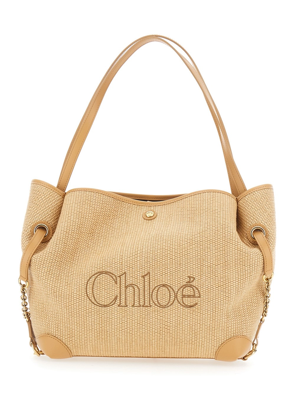 Chloé Borsa Shopping 'Chloe Clover' con Logo Lettering sul Fronte e Tracolla Scorrevole con Catena in Tessuto Beige Donna