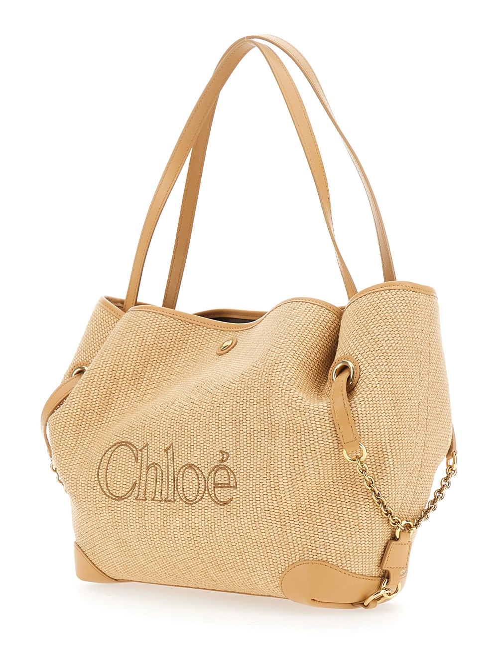 Chloé Borsa Shopping 'Chloe Clover' con Logo Lettering sul Fronte e Tracolla Scorrevole con Catena in Tessuto Beige Donna, view 2