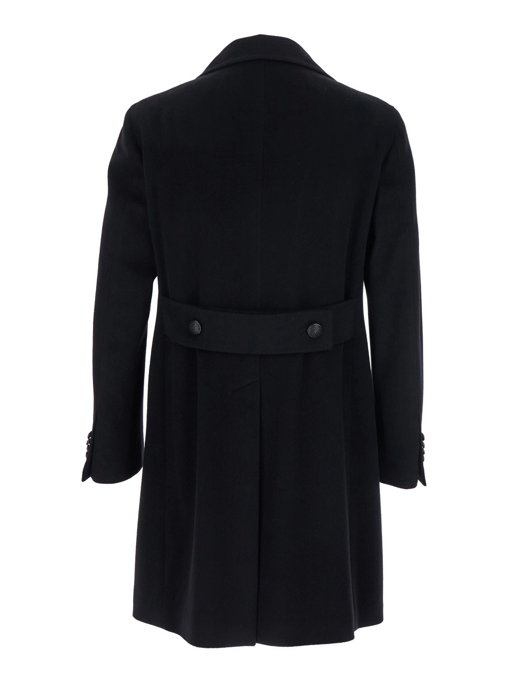 Tagliatore Cappotto Nero con Collo a Revers e Chiusura a Bottone in Lana Uomo, view 2