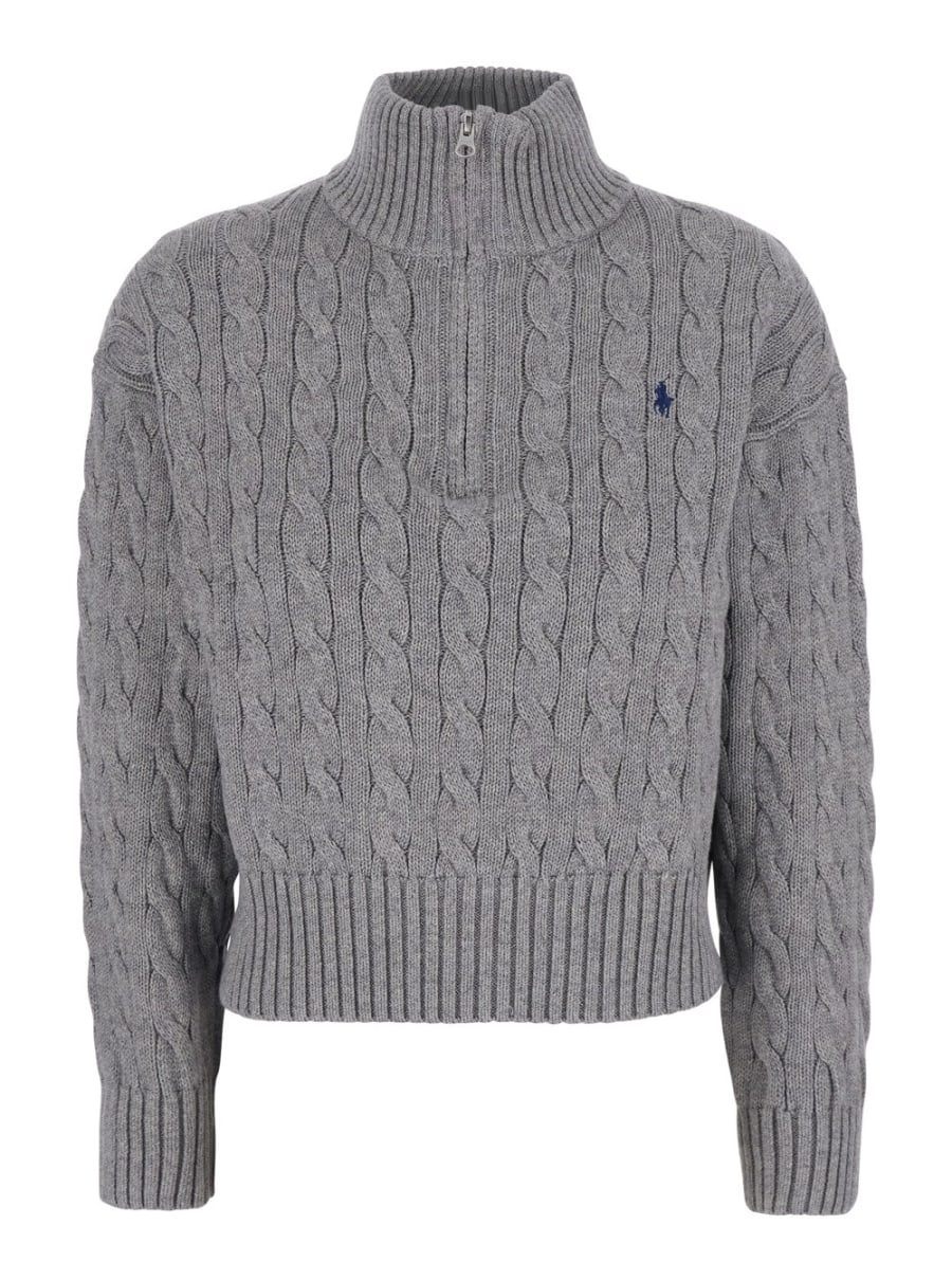 Polo Ralph Lauren Maglione con Ricamo Cavallino sul Fronte e Lavorazione a Treccia in Cotone Grigio Donna