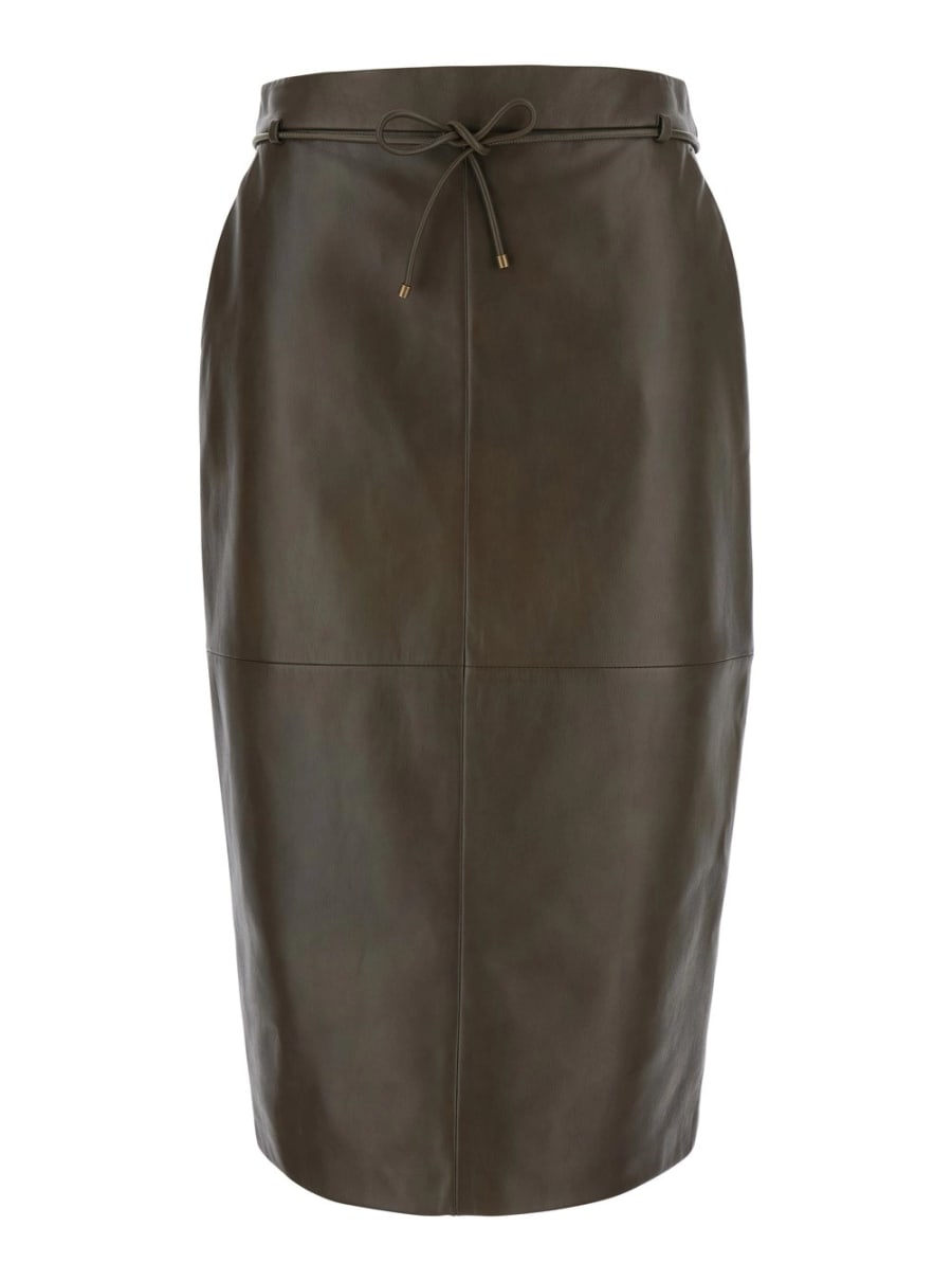 Max Mara Gonna 'Fantino' con Fiocco sul Fronte e Chiusura con Zip sul Retro in Pelle Verde Kaki Donna