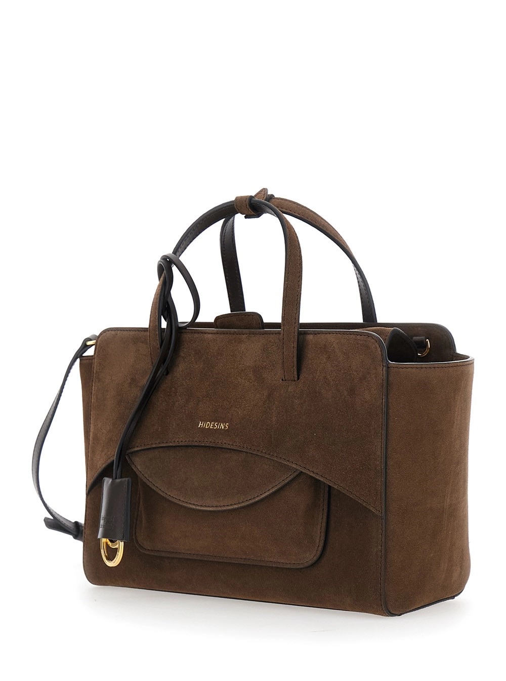 Hidesins Borsa a Mano Media con Tracolla Regolabile e Tasca sul Fronte in Pelle Scamosciata Marrone Donna, view 2