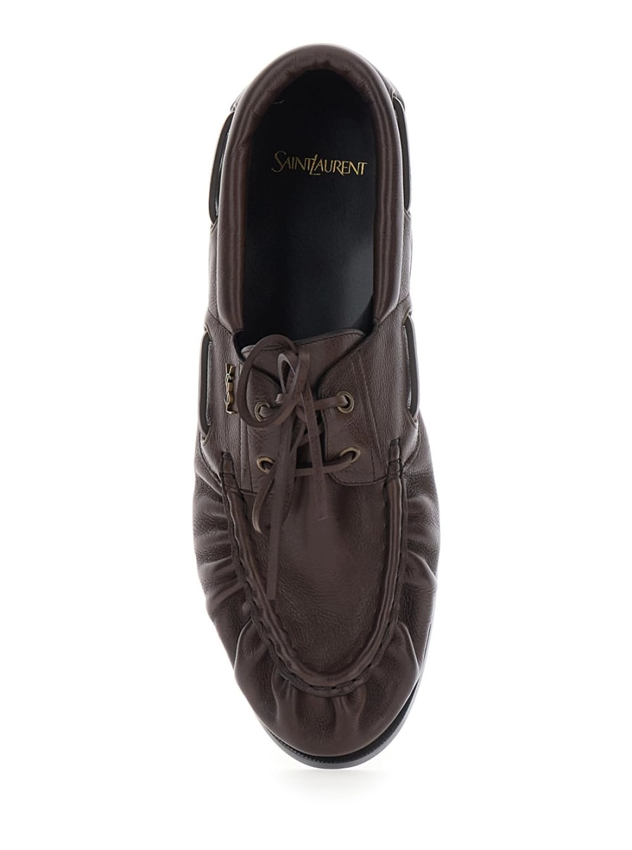 Saint Laurent Mocassini da barca 'Le Loafer Bateau' con Punta Moc Cucita a Mano e Placca Cassandre in Pelle martellata marroni uomo, view 4