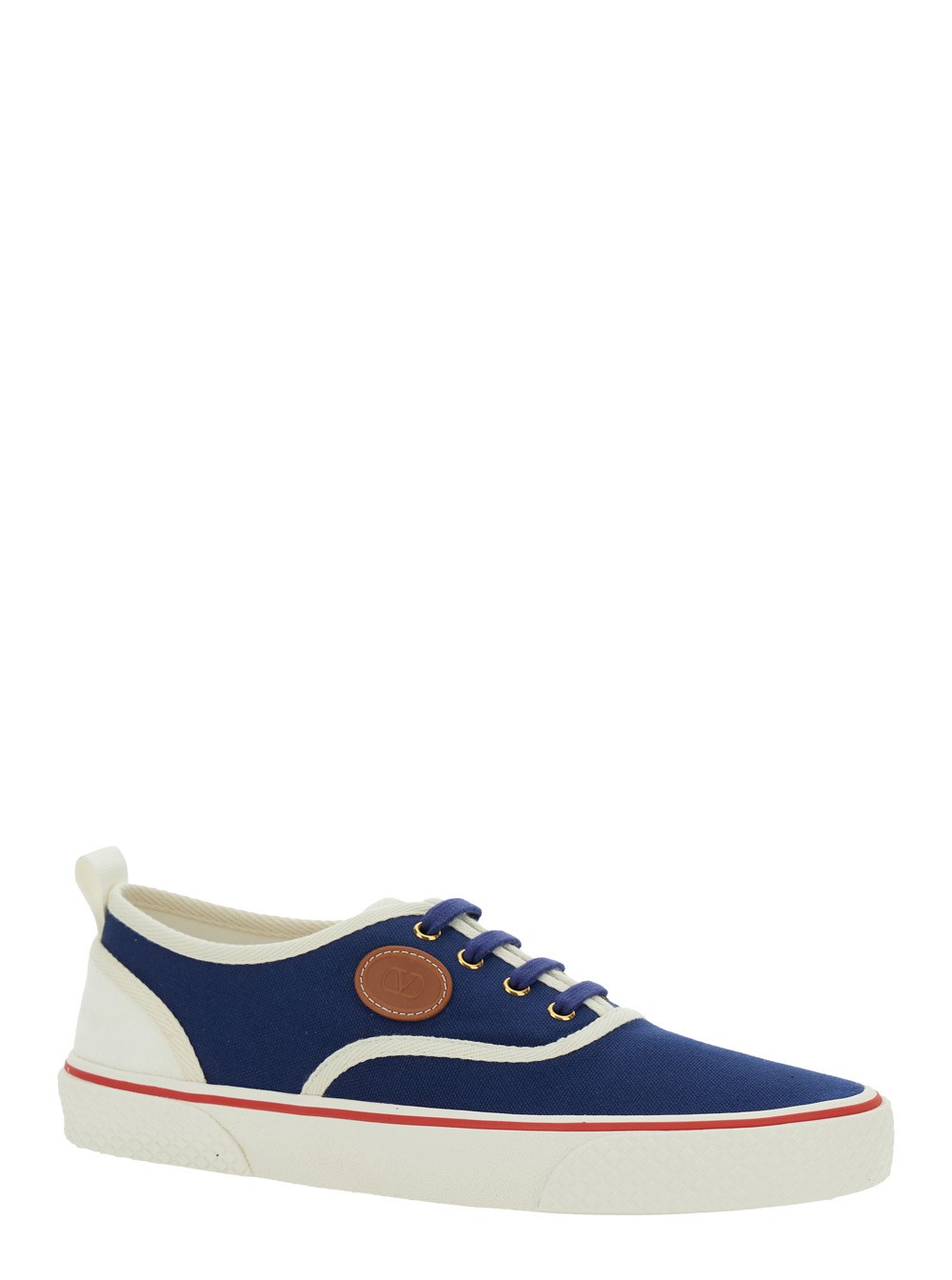 Valentino Garavani Sneaker Low Top con Patch VLogo sul Lato in Cotone Blu Uomo, view 2