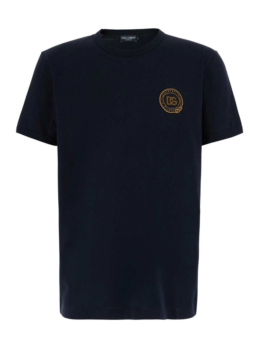 Dolce & Gabbana T-shirt girocollo con ricamo logo sul fronte in cotone blu uomo
