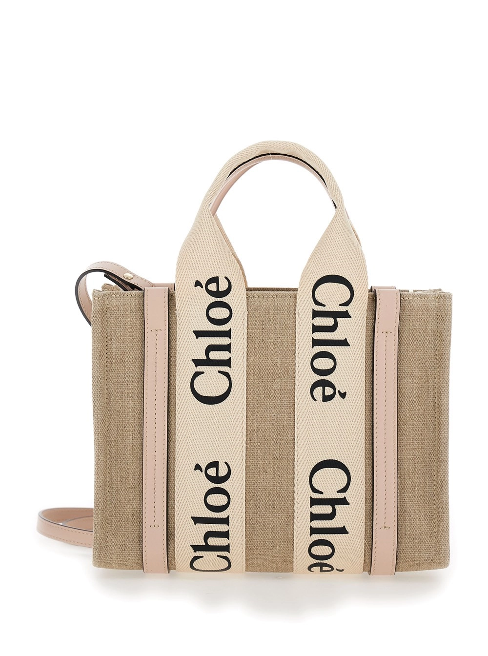 Chloé Borsa Tote 'Woody' con Nastri Logati in Canvas e Pelle Beige Donna