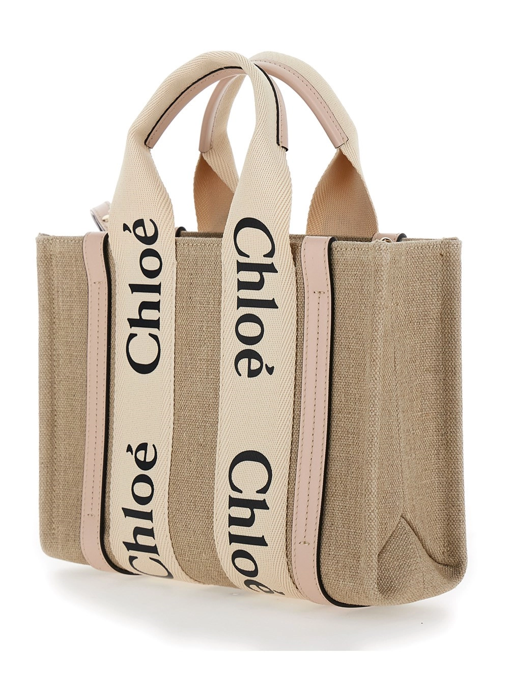 Chloé Borsa Tote 'Woody' con Nastri Logati in Canvas e Pelle Beige Donna, view 2
