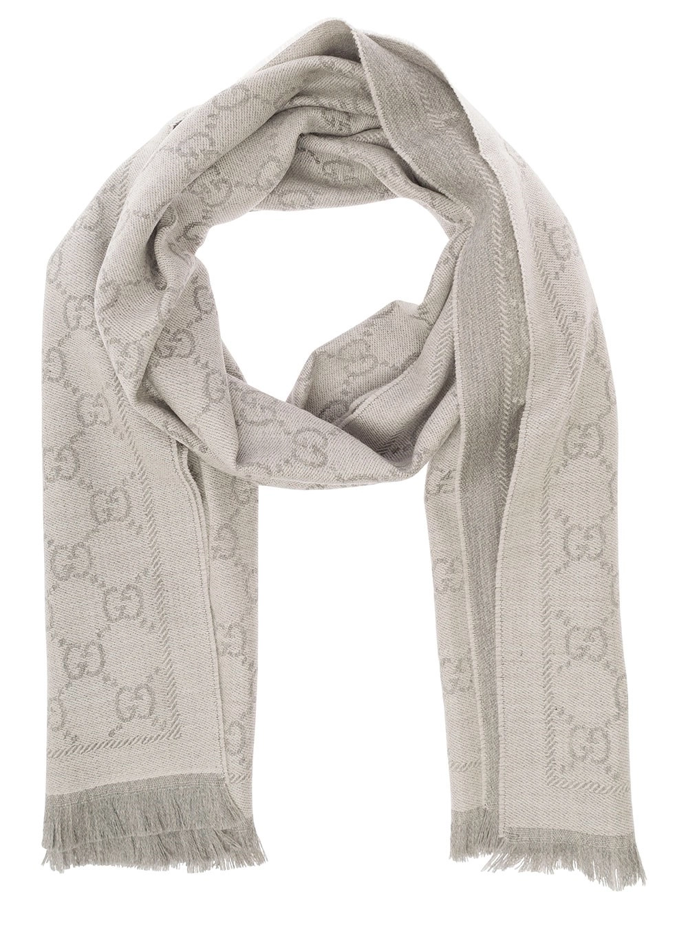 Gucci Sciarpa a Maglia con Motivo GG Jacquard in Lana Grigia Donna, view 2