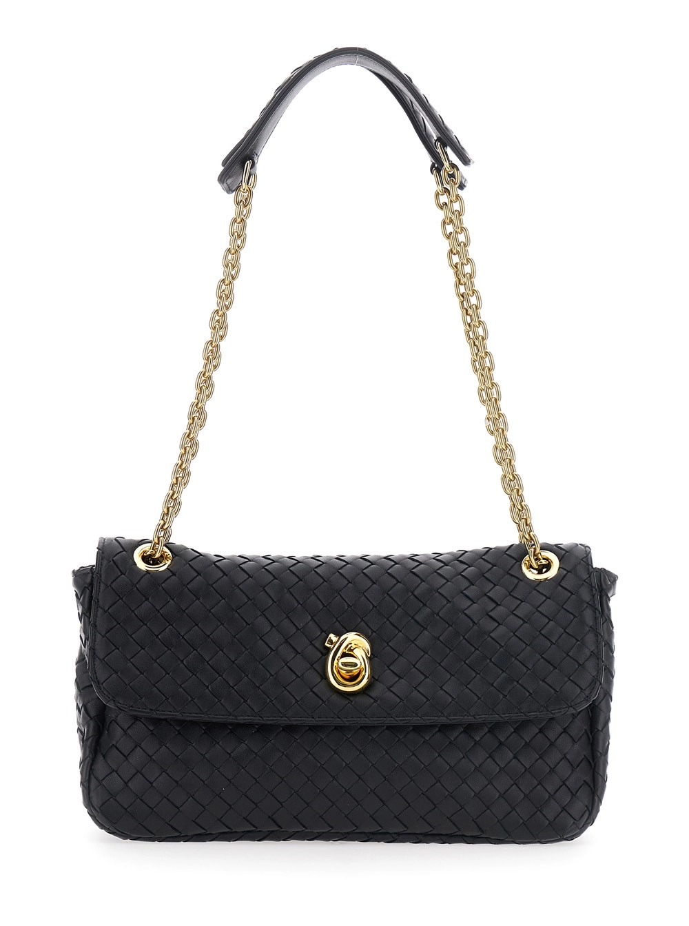 Bottega Veneta Borsa a Tracolla 'Madison' con Chiusura Knot sul Fronte e Motivo Intrecciato in Pelle Nera Donna