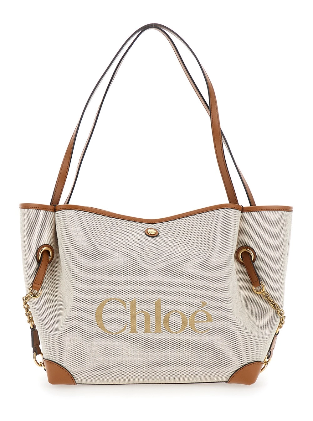 Chloé Borsa Shopper 'Clover' con Logo Lettering sul Fronte e Chiusura Magnetica in Cotone Marrone Donna