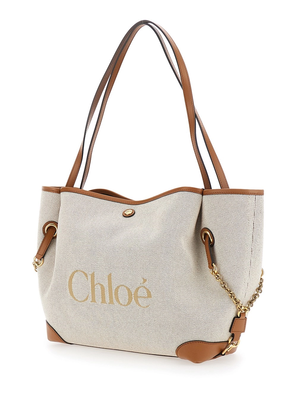 Chloé Borsa Shopper 'Clover' con Logo Lettering sul Fronte e Chiusura Magnetica in Cotone Marrone Donna, view 2