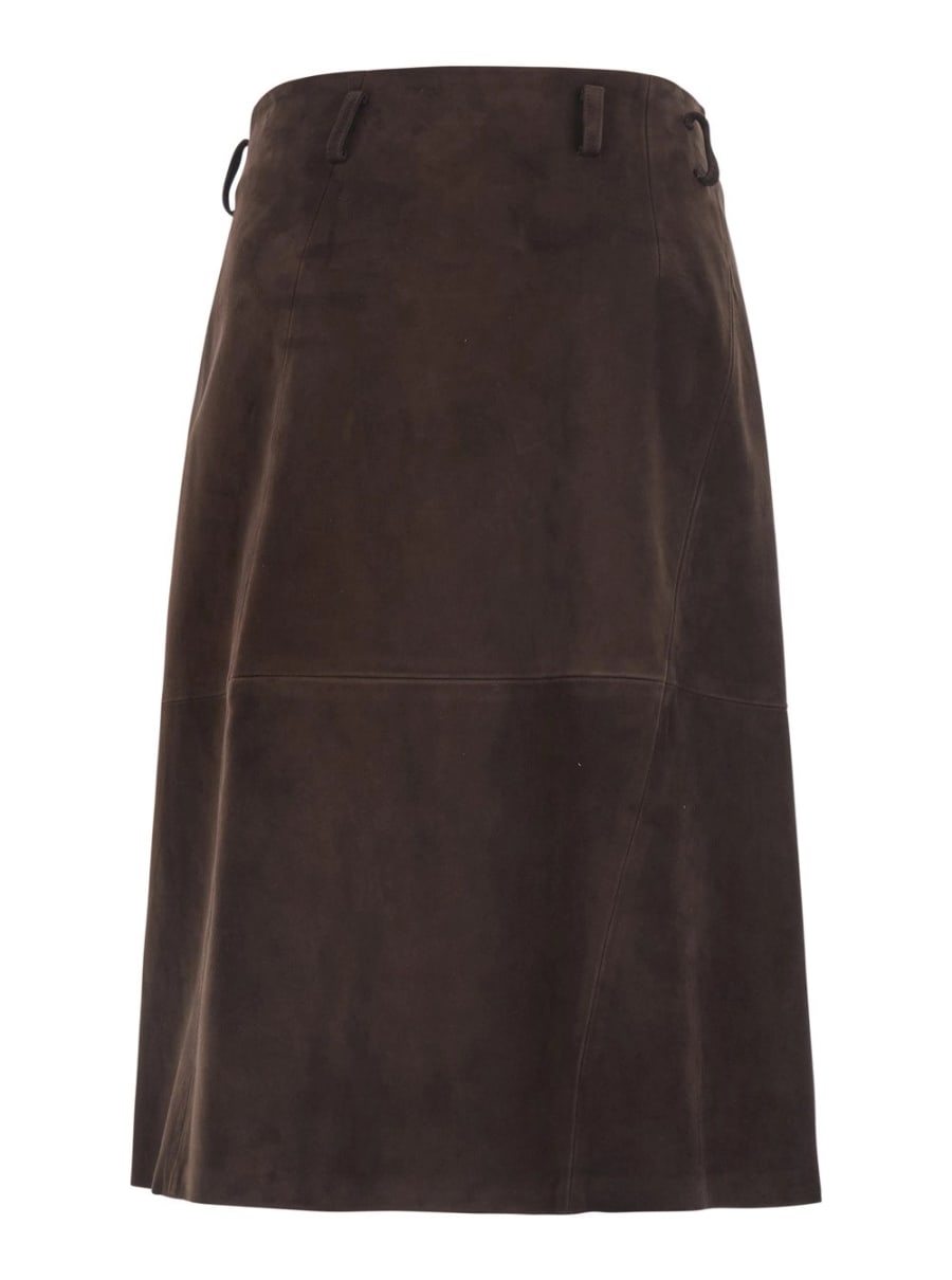 Semicouture Gonna 'Rosanne' con Singolo Spacco sul Fronte in Pelle Scamosciata Marrone Donna, view 2