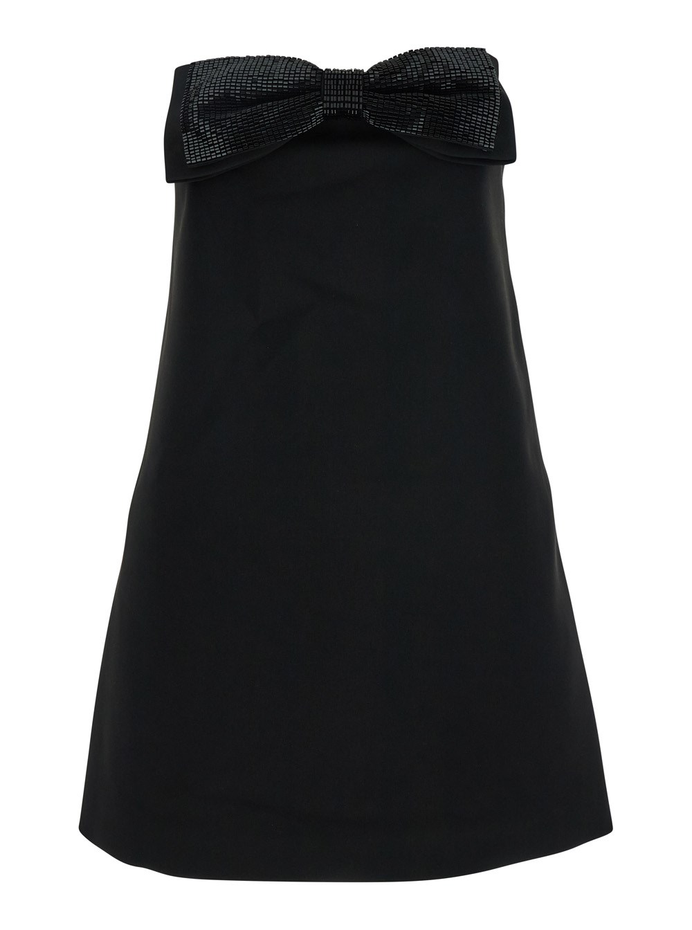 self-portrait Abito Mini Smanicato con Fascia e Fiocco Oversize con Perline in Tessuto Tecnico Nero Donna