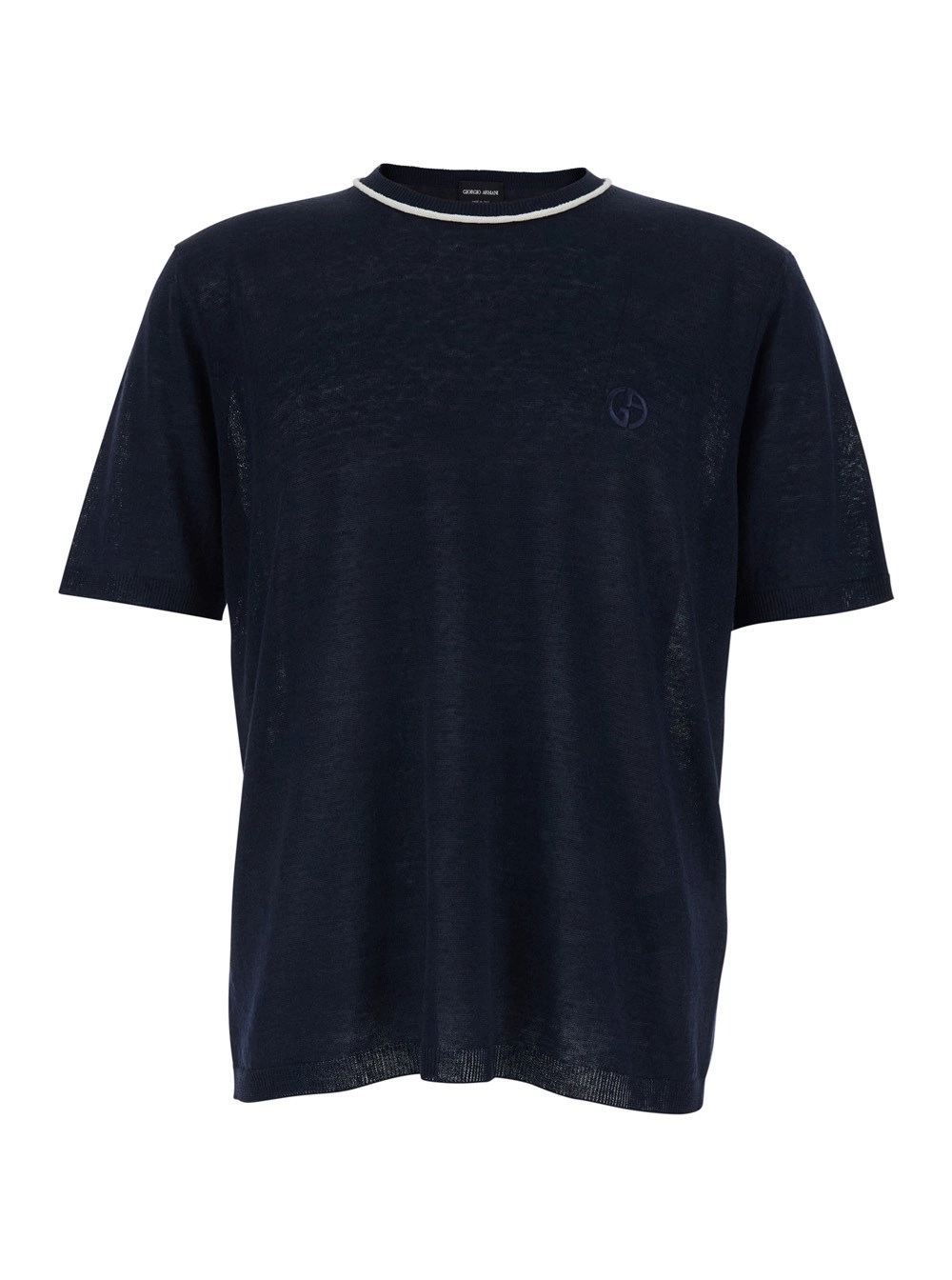 Giorgio Armani T-shirt girocollo con logo tono su tono sul fronte in misto lino e seta blu uomo