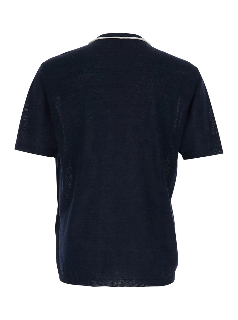Giorgio Armani T-shirt girocollo con logo tono su tono sul fronte in misto lino e seta blu uomo, view 2