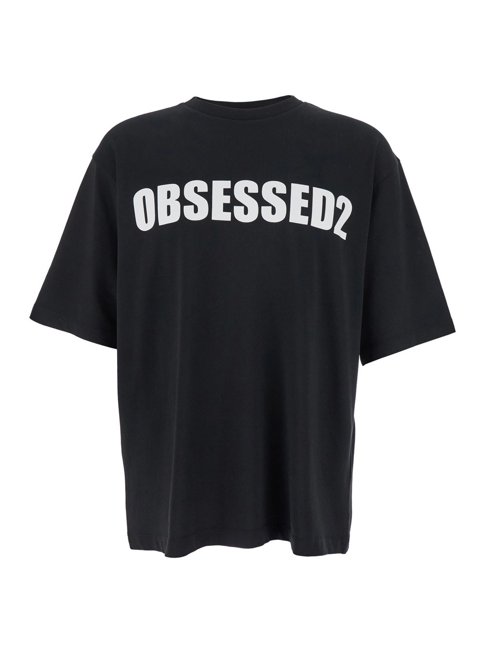 Dsquared2 T-Shirt Girocollo con Maxi Logo Lettering sul Fronte in Cotone Nera Uomo
