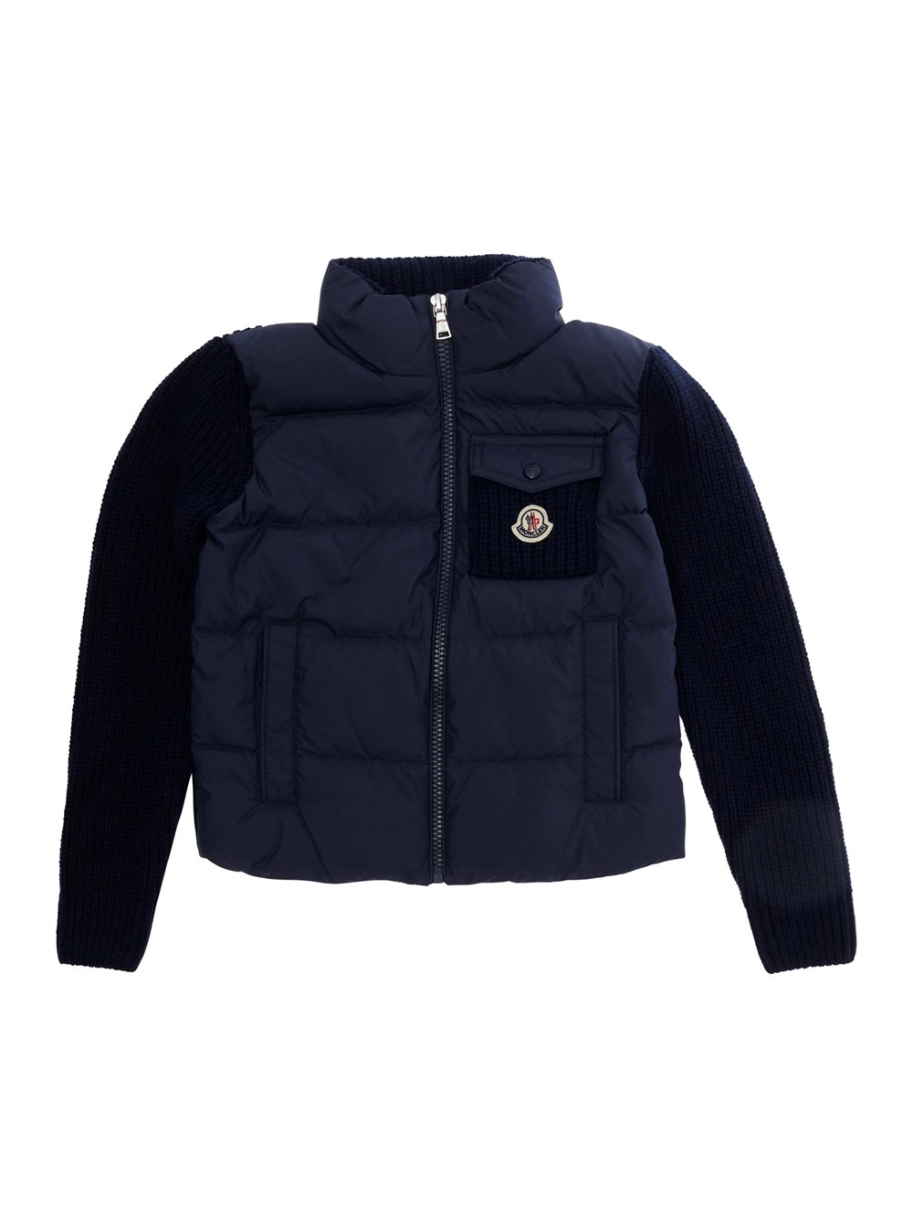 Moncler kids Maglia con collo alto e patch logo frontale in cotone e tessuto tecnico Blu Bambina