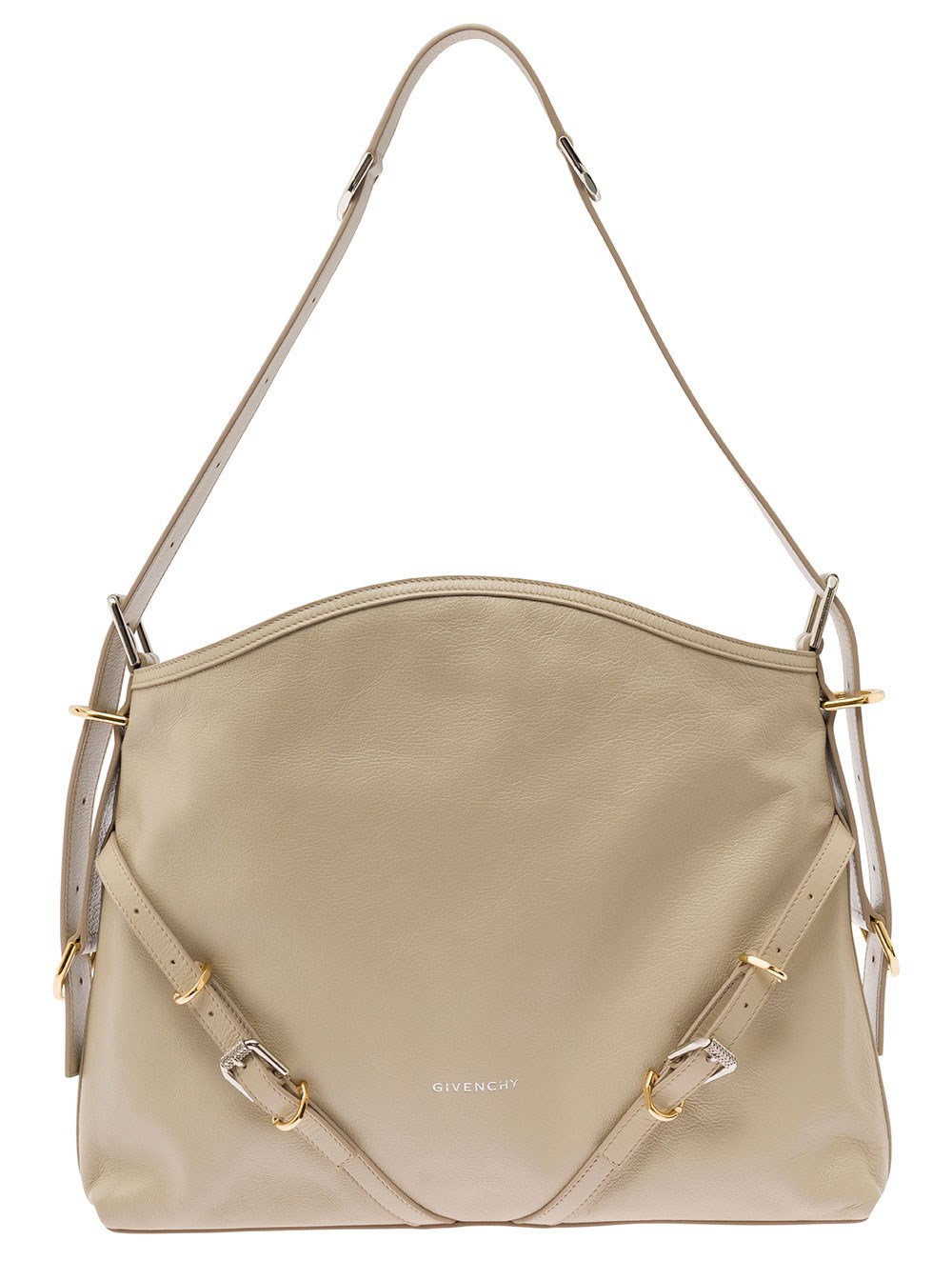 Givenchy Borsa a Spalla 'Voyou' con Stampa Logo Goffrata in Pelle Liscia Beige Donna