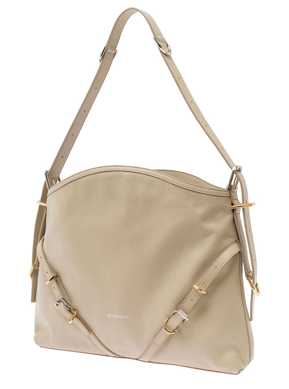 Givenchy Borsa a Spalla 'Voyou' con Stampa Logo Goffrata in Pelle Liscia Beige Donna, view 2