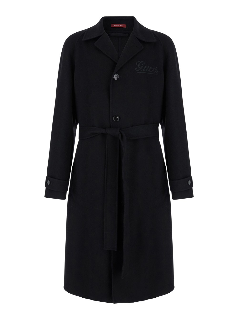 Gucci Cappotto Monopetto con Revers Classici Ampi e Cintura in Lana Nero Uomo