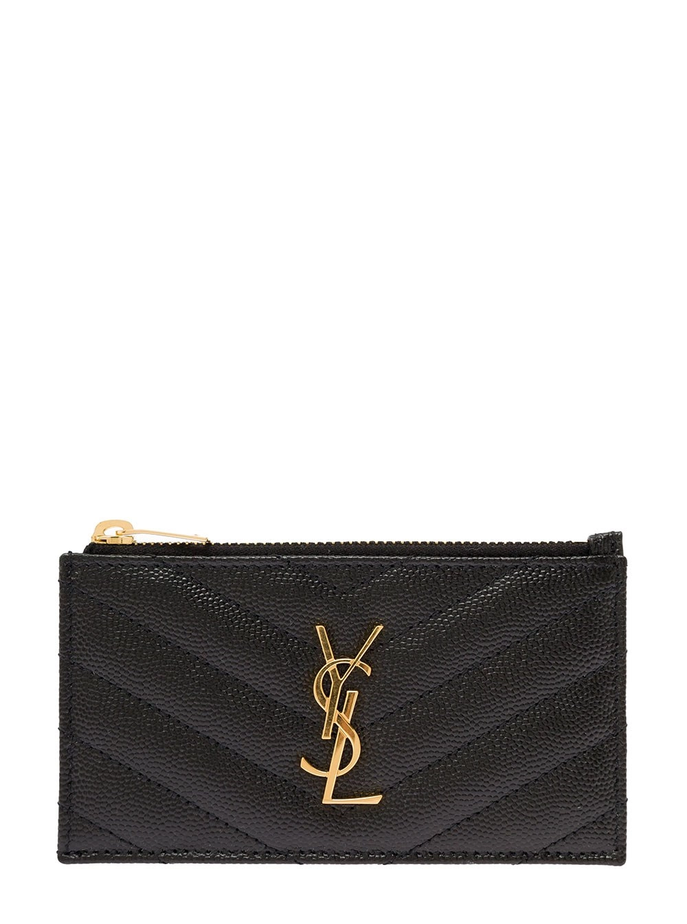 Saint Laurent Portacarte 'Cassandre' con Zip e Logo in Pelle Goffrata Nero Donna Saint Laurent