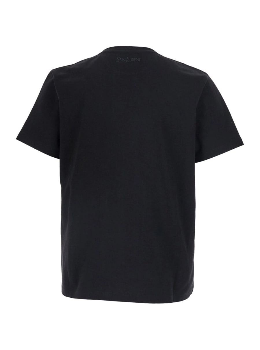 Saint Laurent T-Shirt girocollo con logo ricamato sul retro in cotone nera uomo, view 2