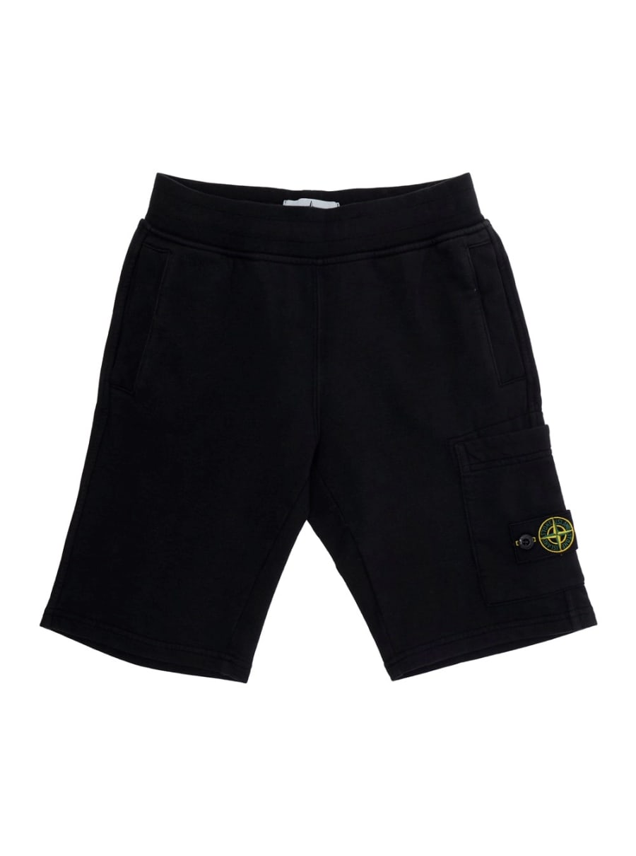Stone island kids Bermuda Neri con Patch Logo sulla Gamba e Taschino sul Retro in Cotone Bambino