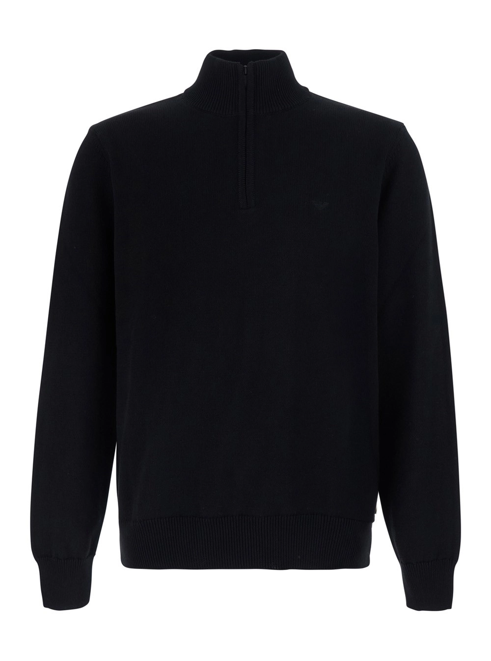 Emporio Armani Maglione Girocollo con Chiusura con Mezza Zip sul Fronte e Ricamo Logo sul Fronte in Cotone Nero Uomo